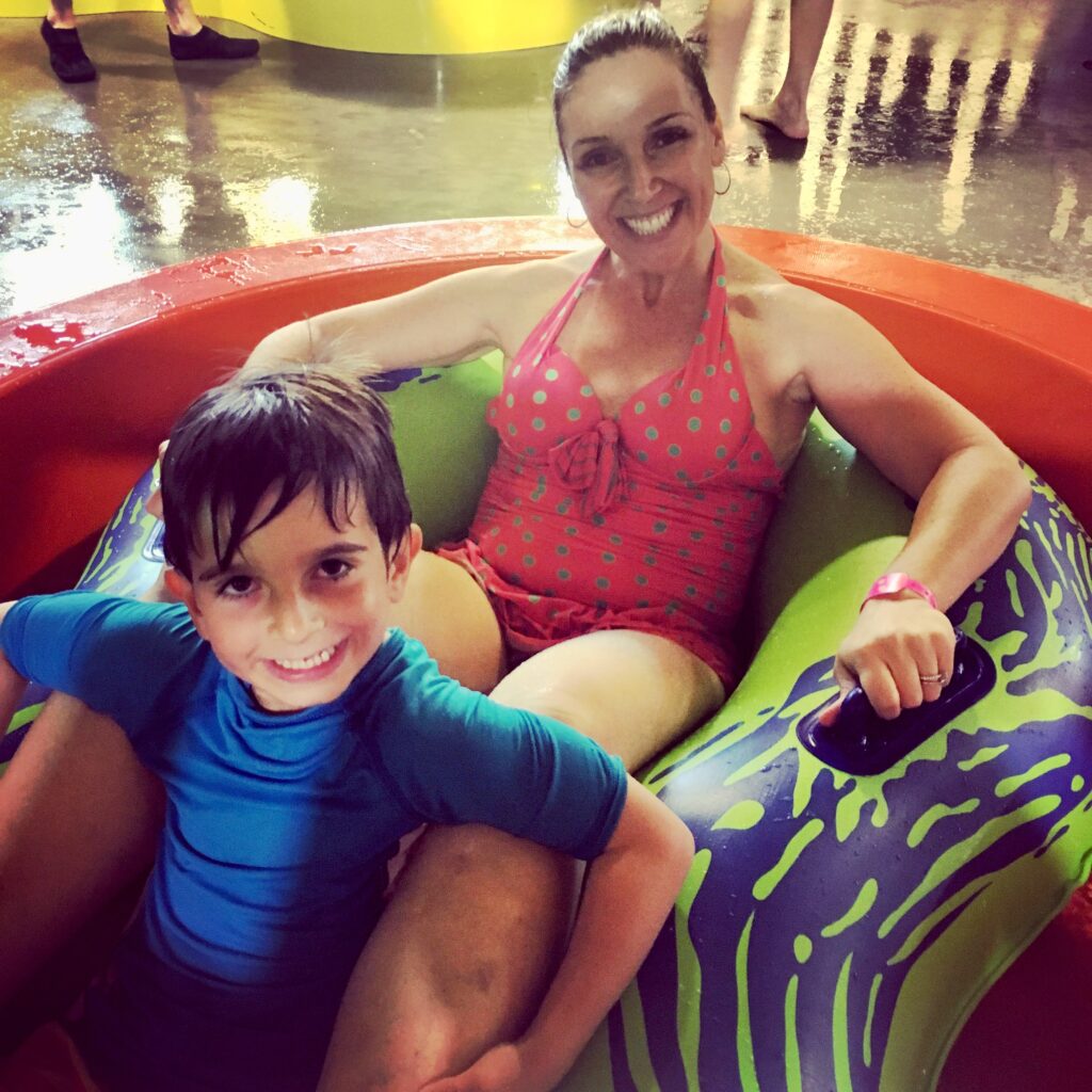 mom and son in raft