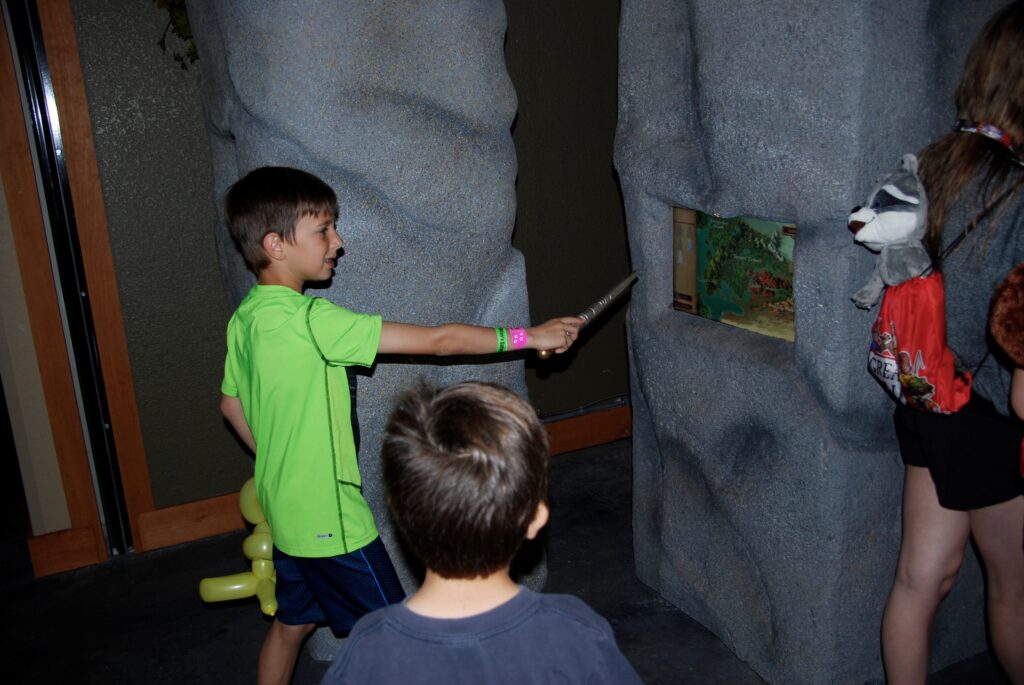 Boy pointing wand at screen