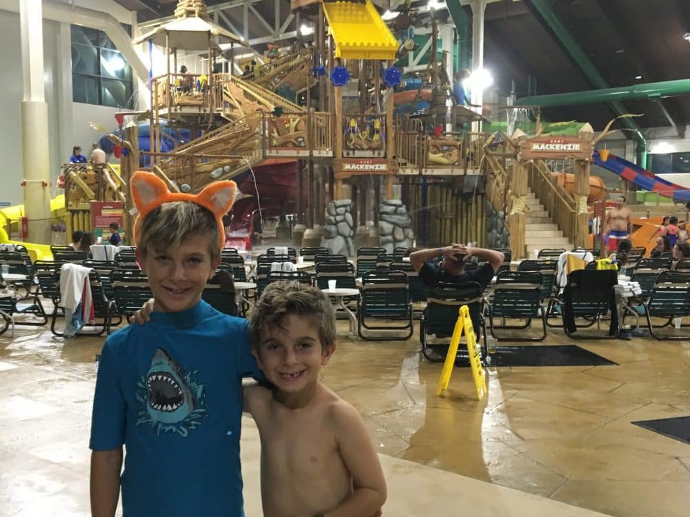 boys hugging in water park - Great Wolf Lodge Spooktacular