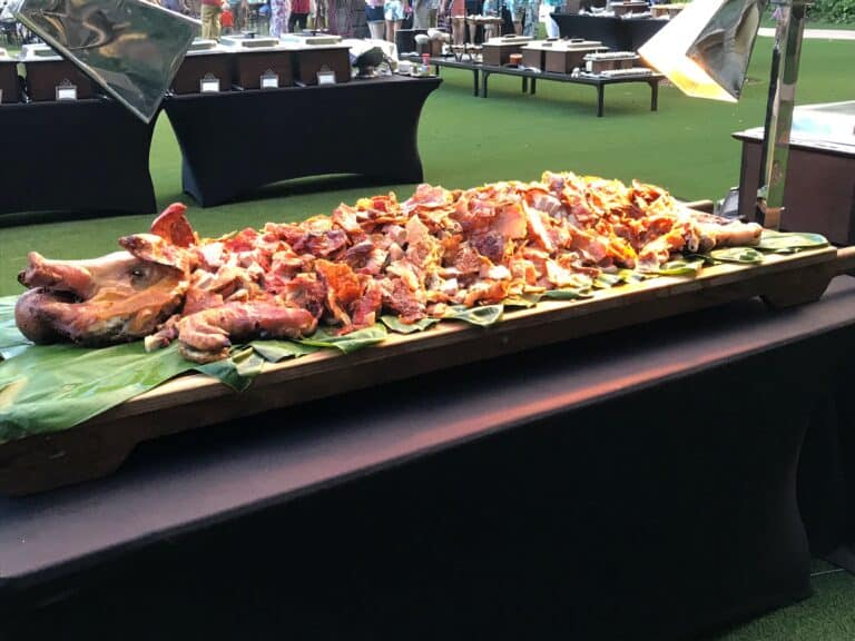 A roasted pig cut up for Aulani’s “Ka Wa’a” (canoe) Luau. 