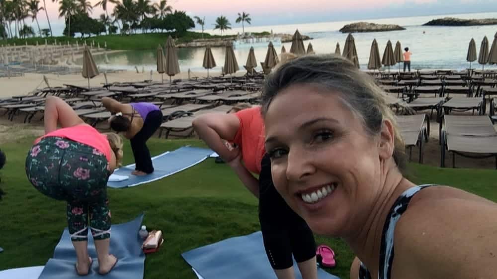 Yoga on the lawn of the Aulani, A Disney Resort and Spa