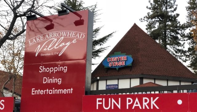 Lake Arrowhead Village sign in winter