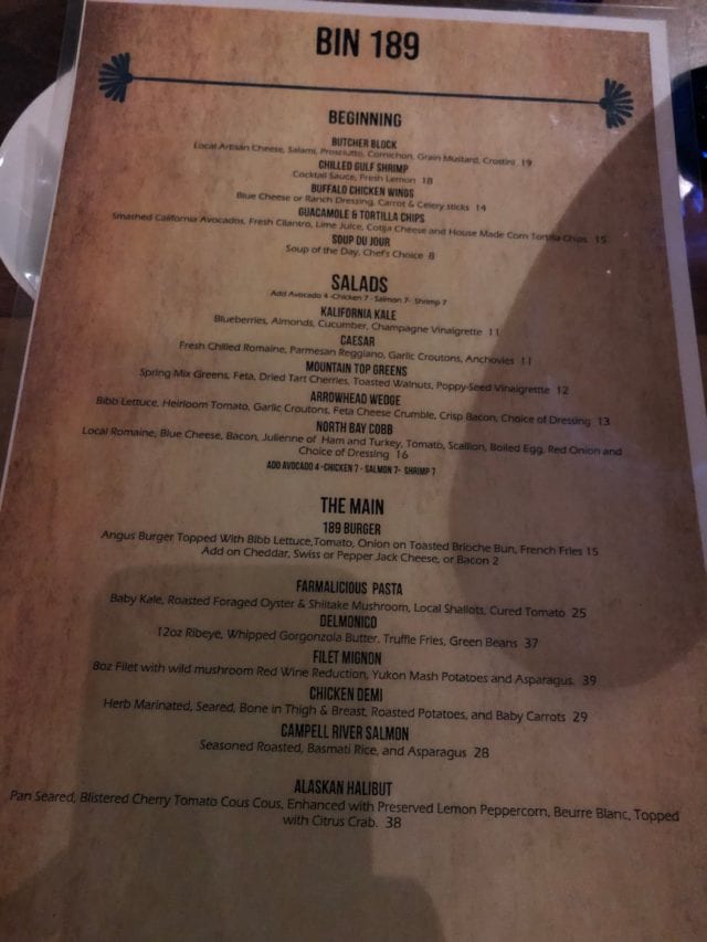 Menu for BIN 189 Lake Arrowhead Resort and Spa