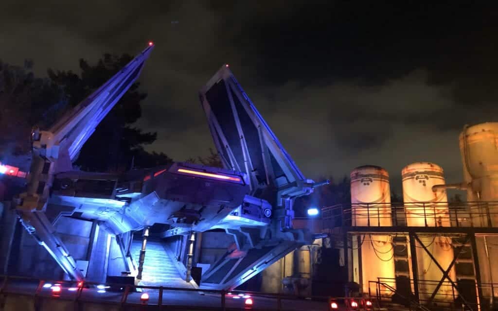 At night, the First Order TIE Echelon Fighter looks even more ominous. Photo by Samantha Davis-Friedman