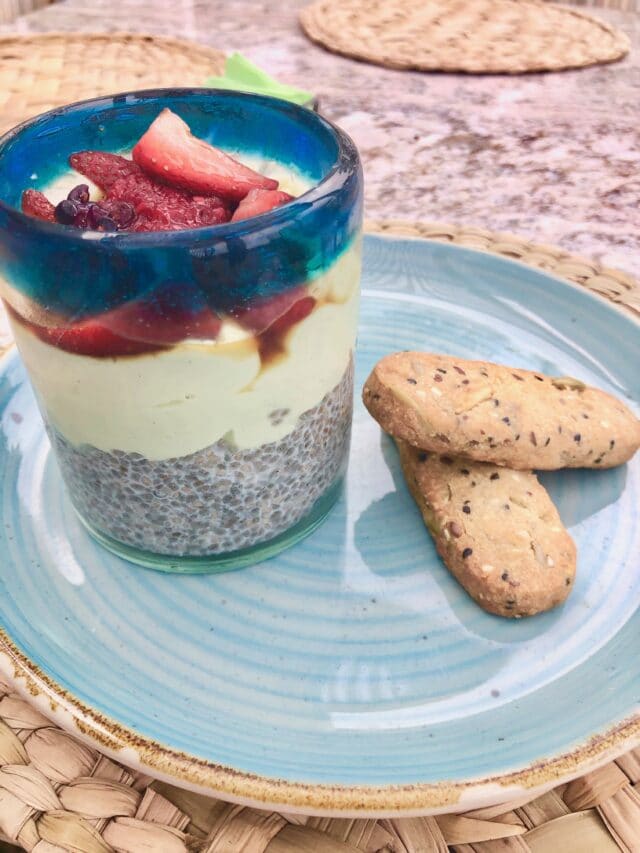 avocado parfait with chia seeds at conrad punta de mita resort in mexico - riviera nayarit