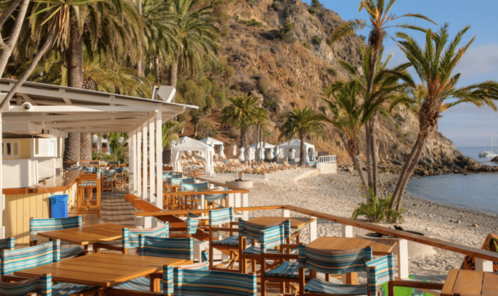 The Descanso Beach restaurant with cabanas and lounge chairs in the distance. 7 Best Things to do on Catalina Island with Kids