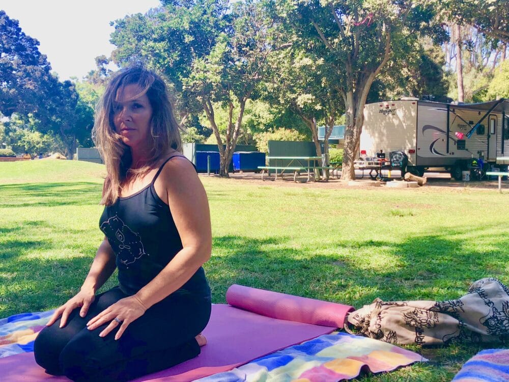 yoga on the lawn at campland on the bay