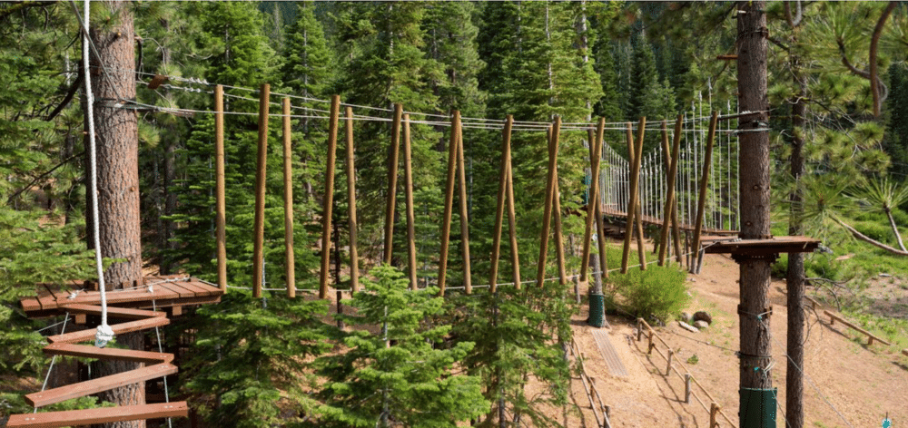 Wooden obstacle course hung above ground, between pine trees. 7 Not To Miss Things To Do In South Lake Tahoe With Kids family travel