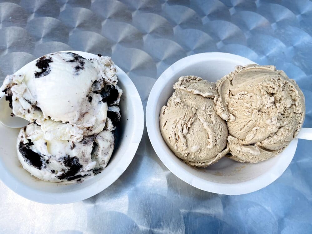 Cookies and cream ice cream on the left, coffee flavor on the right. Best things to do with kids in Santa Cruz family travel 