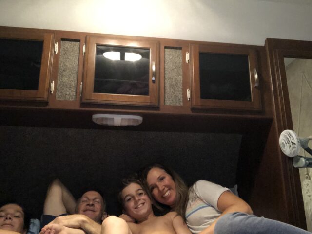 Watching the movie in our trailer - things to do in Tombstone with kids