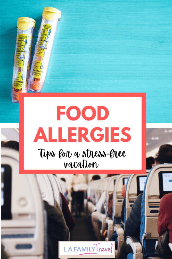 A pair of epinephrine auto-injectors on top, and the inside of an airplane below. managing food allergies while on vacation with kids