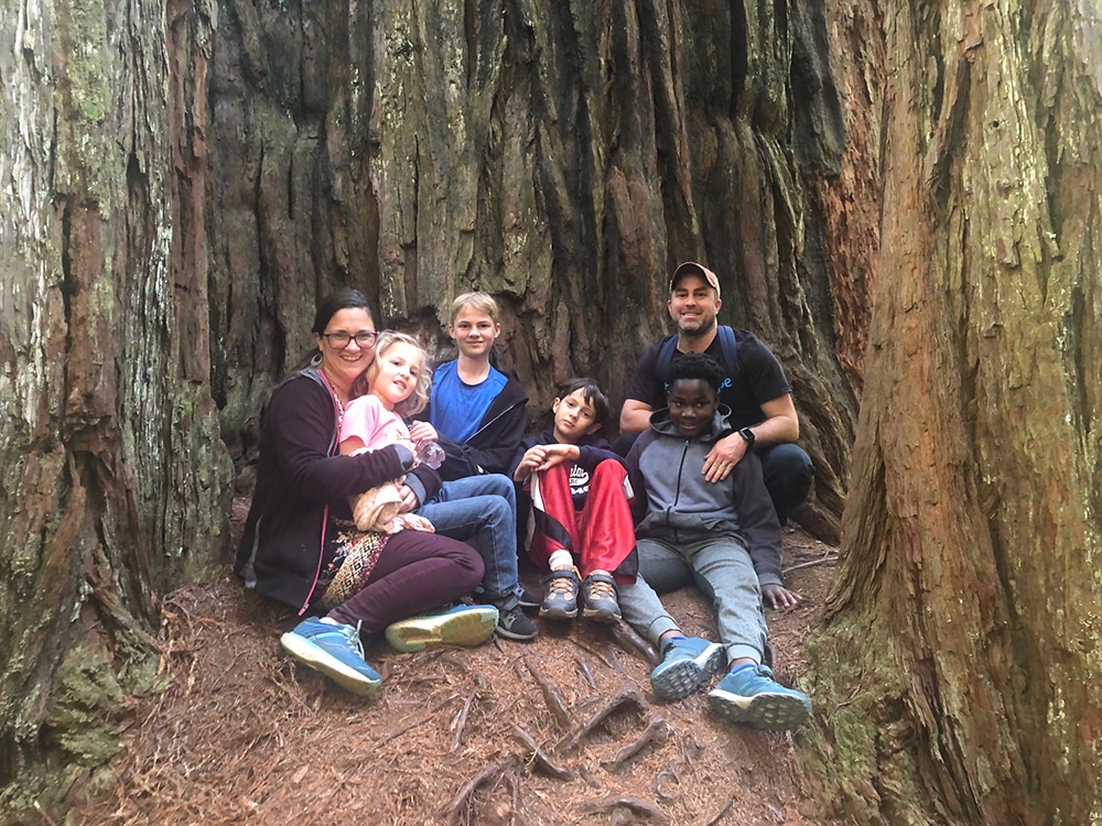 A family of 6 sits in the trunk of a Redwood after conquering their vacation anxiety together.
