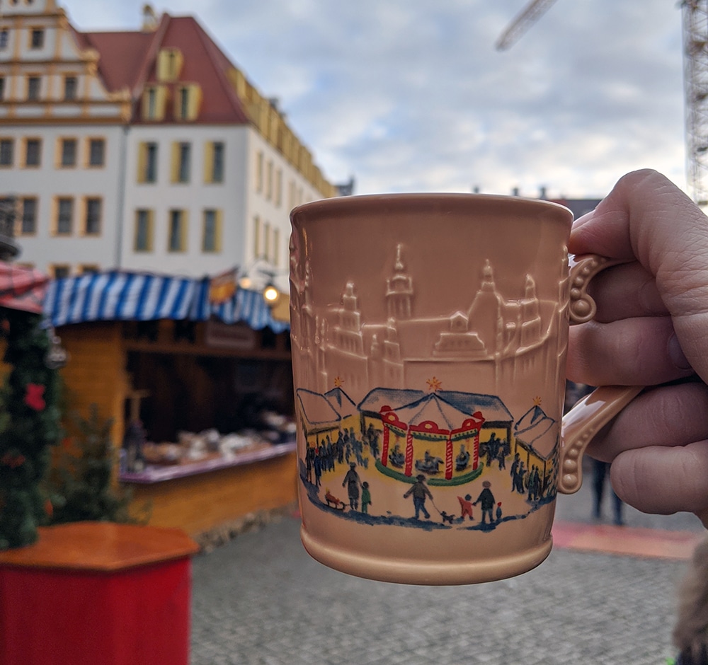A festive mug at a Christmas market in Dresden.