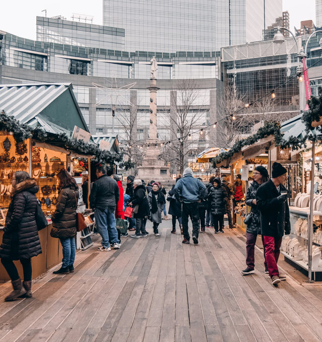The traditional yet modern Columbus Circle Christmas Market in Manhattan.