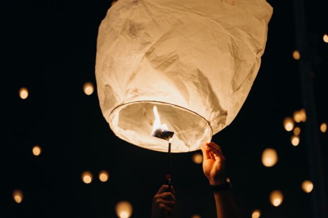 Paper lantern floating with hot air. Diwali: Celebrating the festival of light with kids