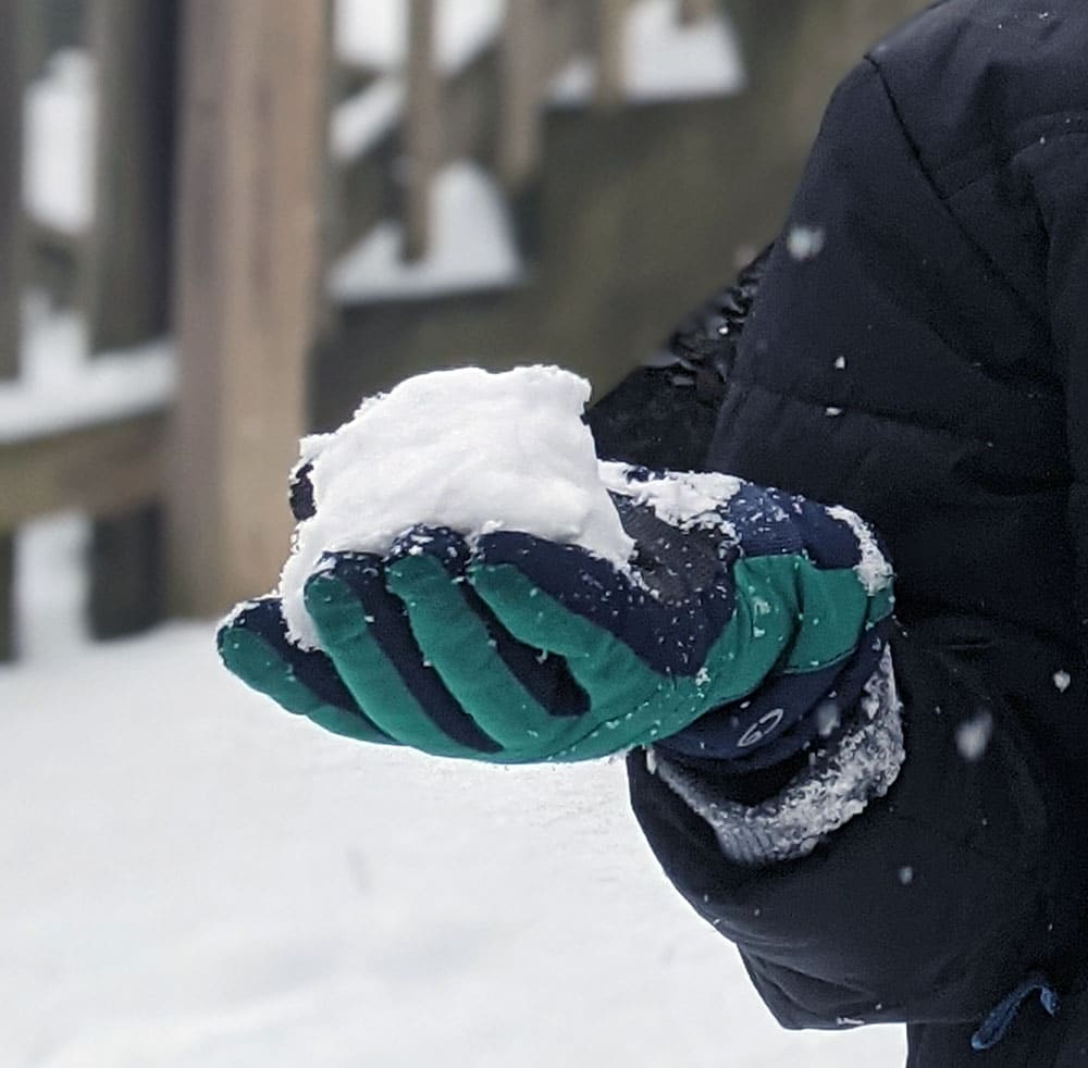 A child's gloved hand holding a snow ball. Mittens are the best cold weather hand protection for younger kids, while gloves work for older kids. 