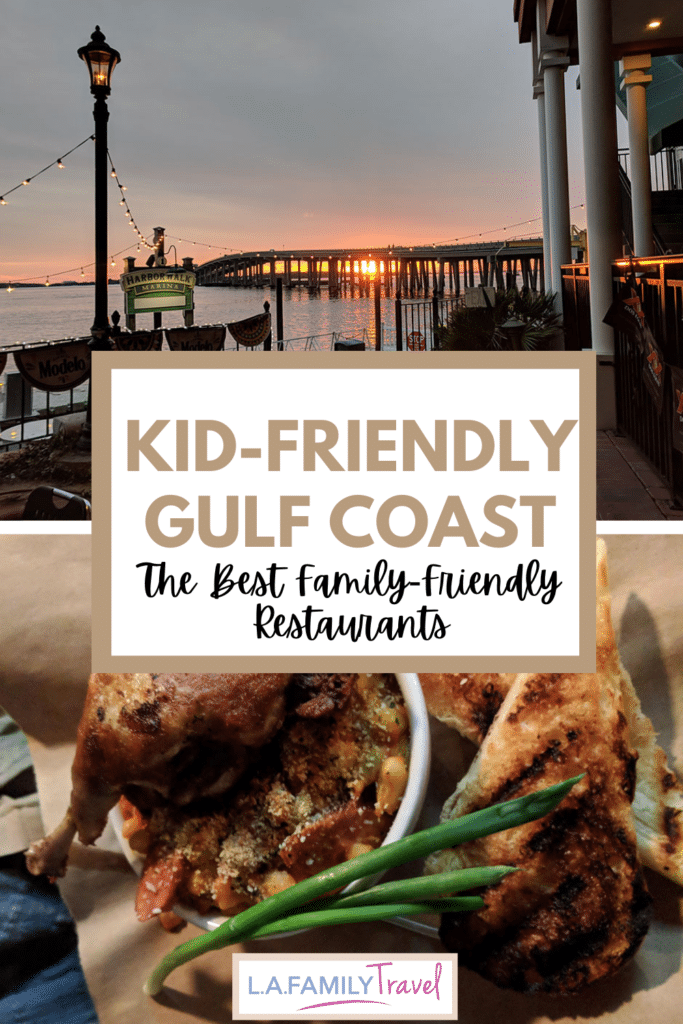 Kid-Friendly Gulf Coast Restaurants. Photo: A bridge over Destin Harbor at sunset, a plate of food at Boschamps.