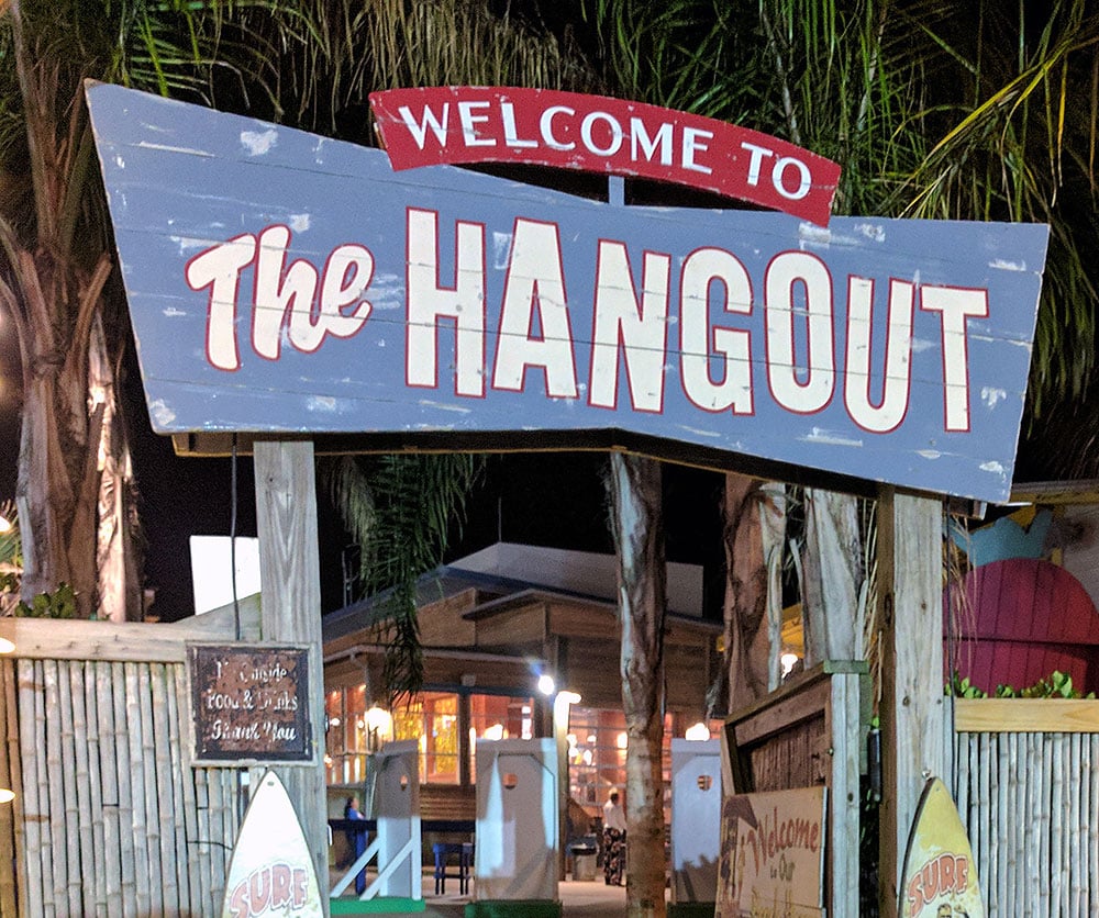 The entrance to The Hangout has surf shack vibes, but inside is a great place for families to eat.