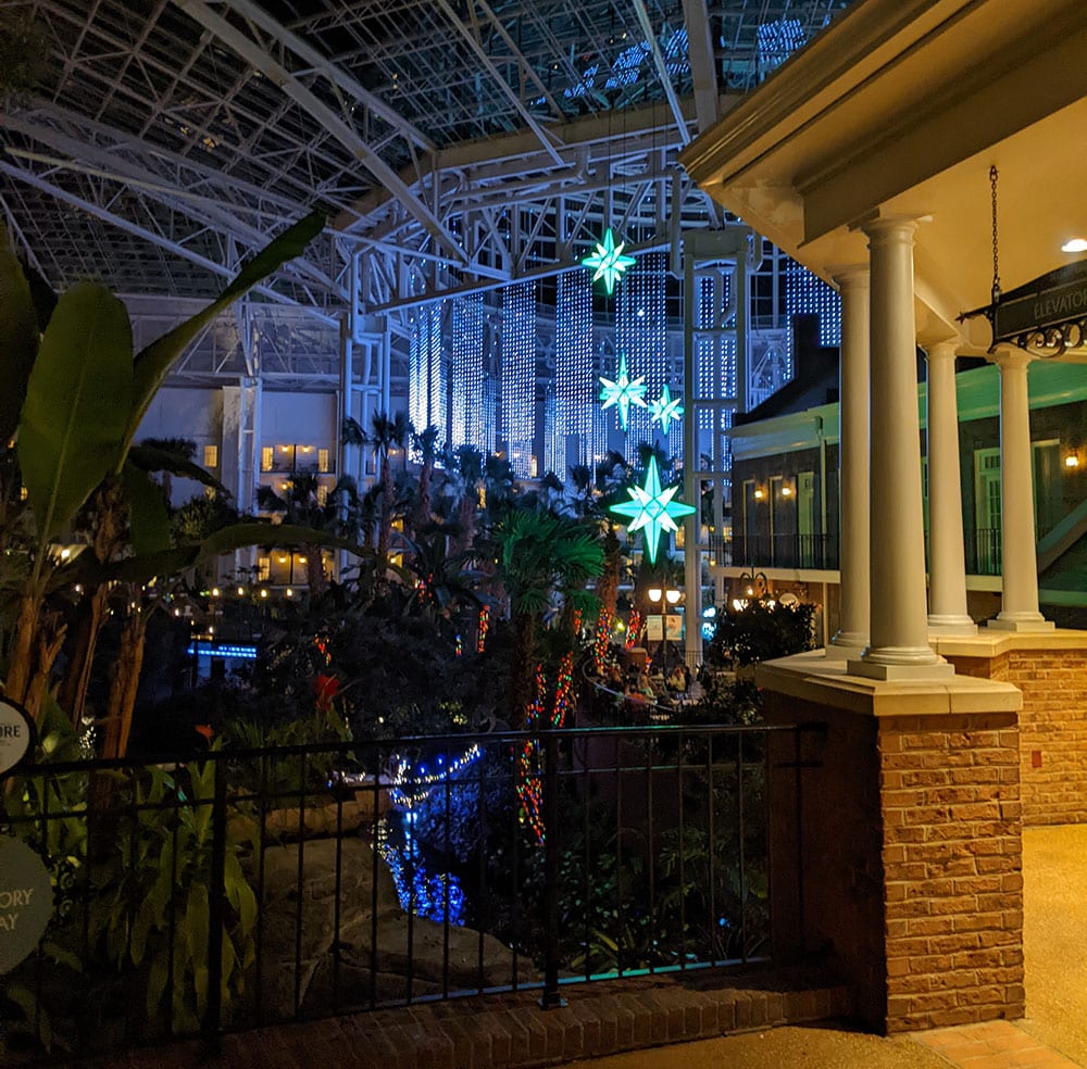 The inside of the Gaylord Opryland Hotel & Resort is covered in winter lights and decor during Winterfest at Gaylord Hotels