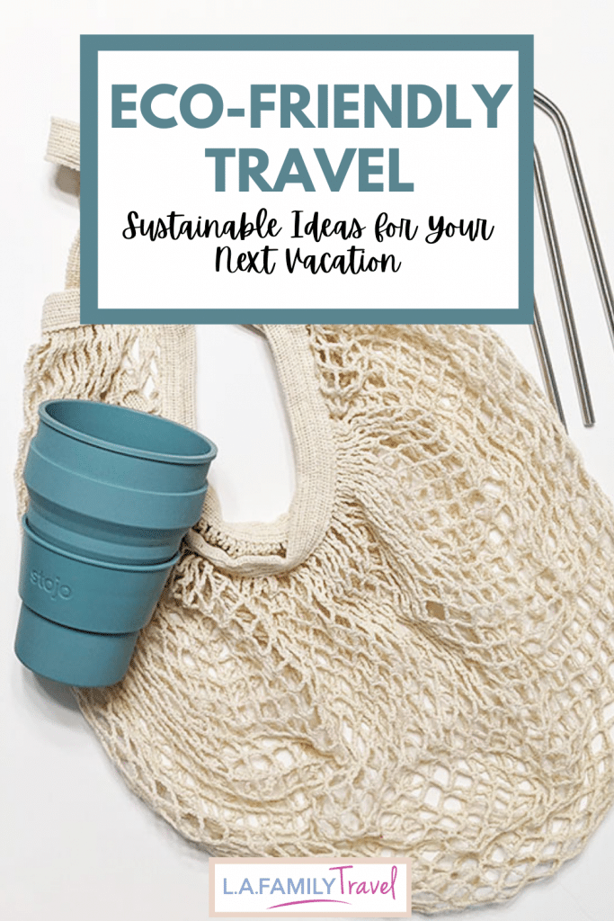 Eco-Friendly Travel: Sustainable Ideas for Your Next Vacation. Image: Reusable coffee cup, cloth bag, metal straws. 