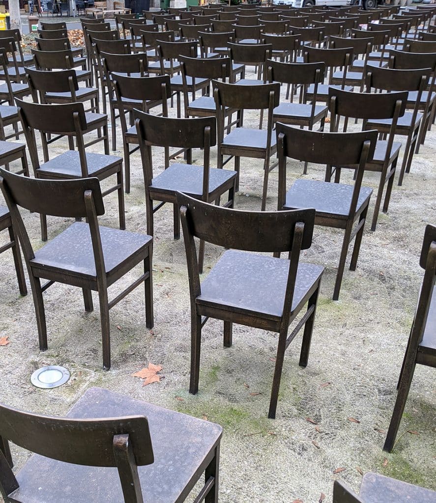 Rows of chairs in Leipzig's stunning Holocaust memorial, where families can stop for a moment to remember the victims. 