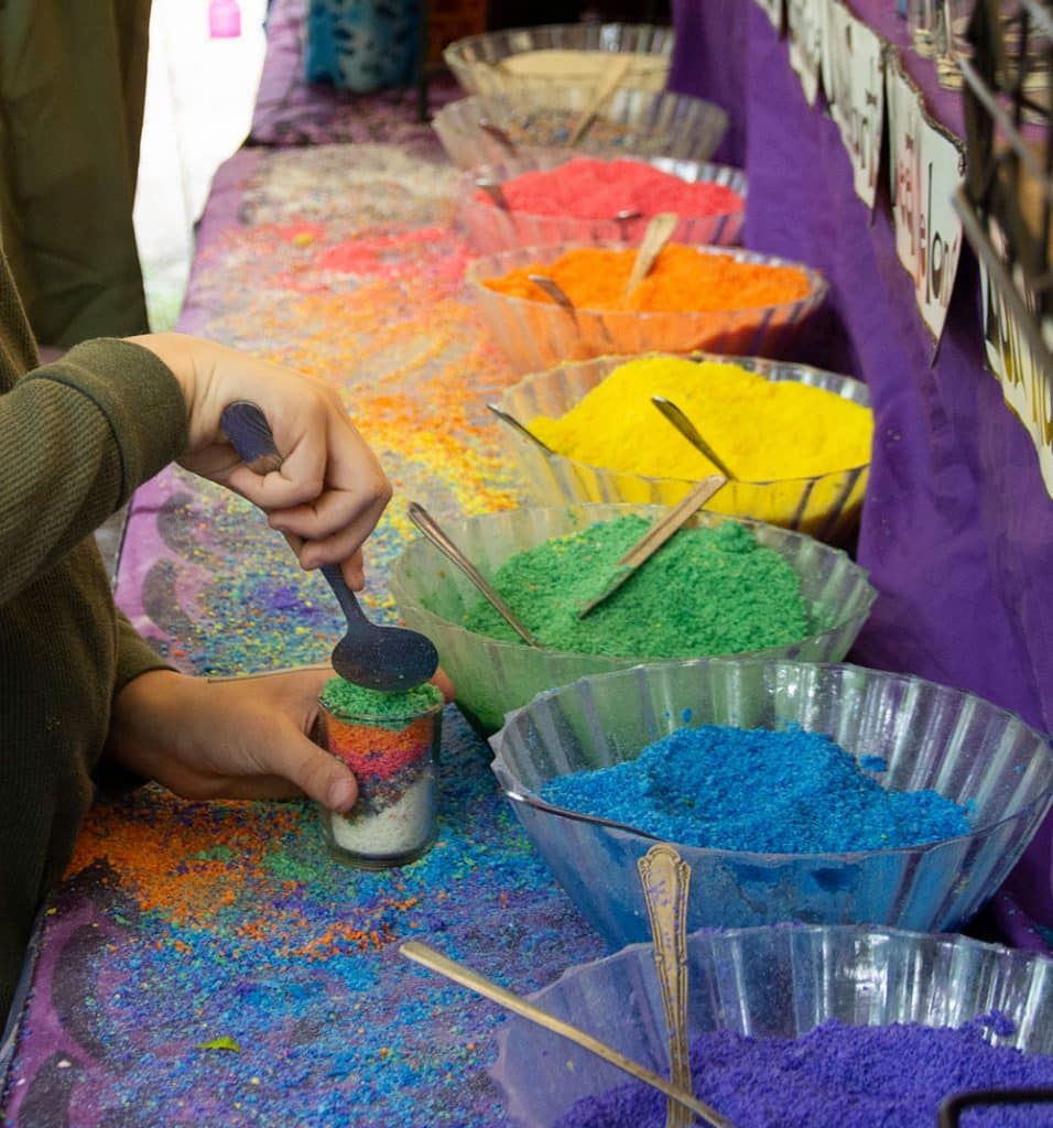 Colorful powders at a candle-making booth during the Tennessee Renaissance Festival