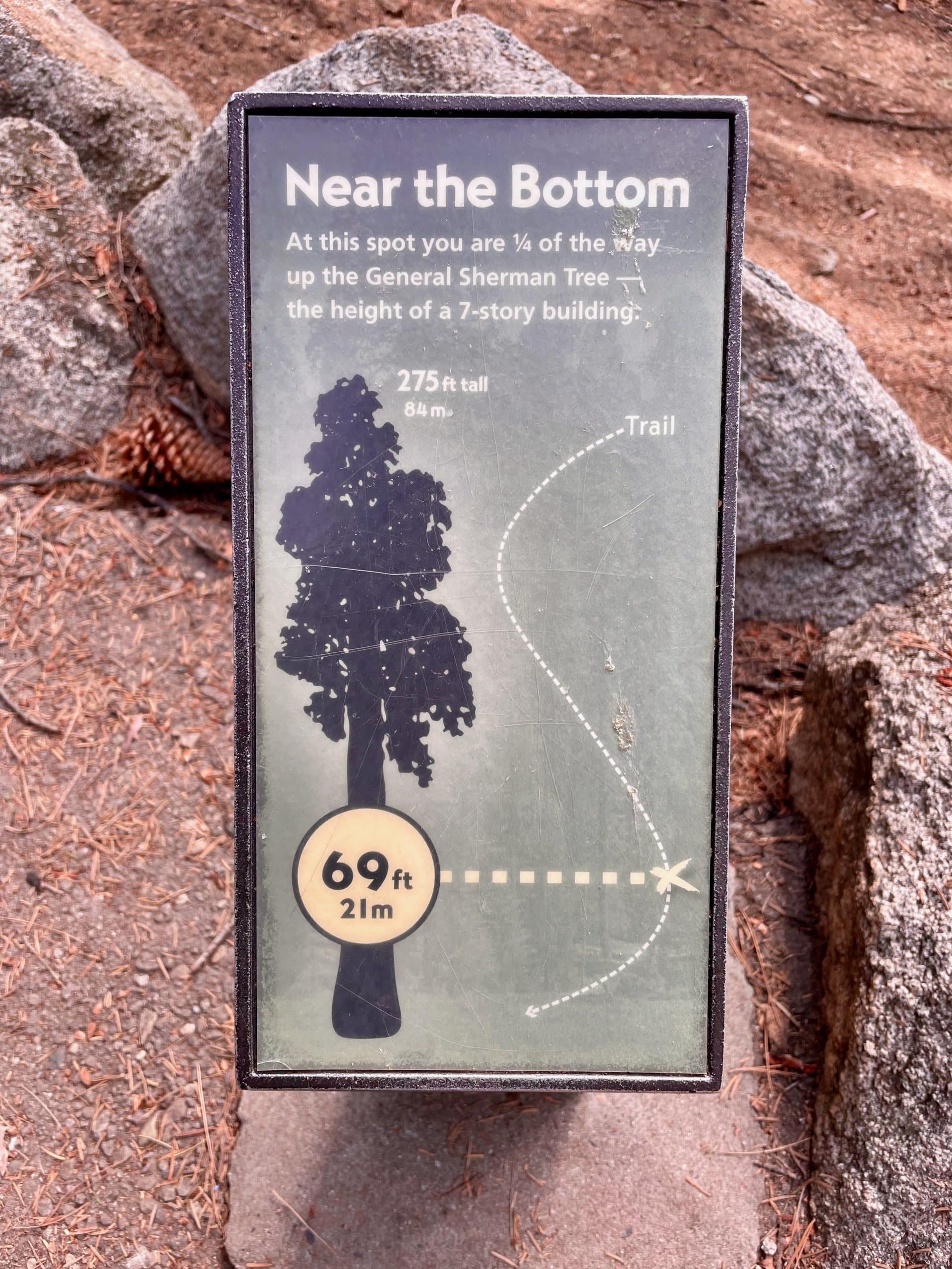 placard relating distance to height of tree - things to do in visalia
