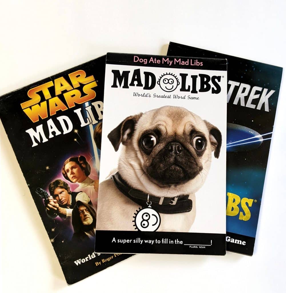 Mad libs games are perfect for long car rides. Star Wars Mad Libs, pet Mad Libs, and Star Trek Mad Libs.