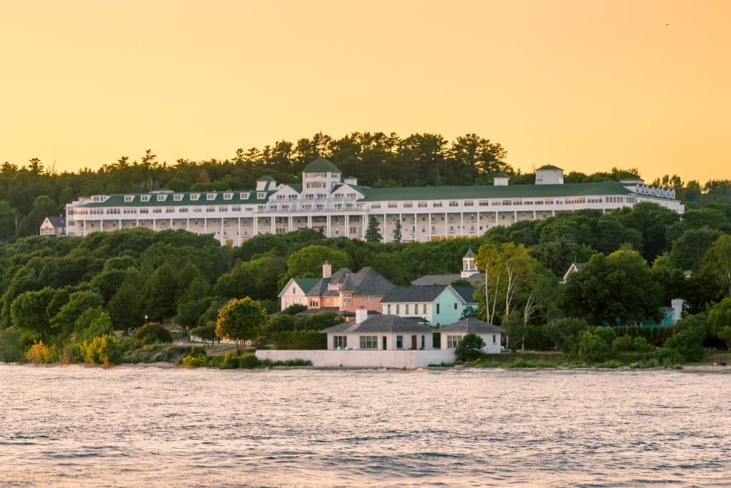 The Grand Hotel on prominent display at sunrise on Mackinac Island in Michigan