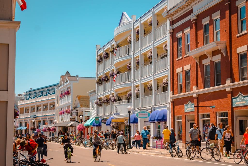 Downtown Mackinac Island during the summer tourism season