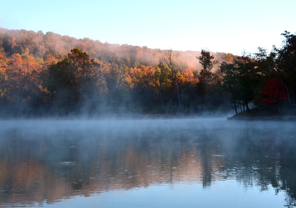 lake with mountains reflected - best fall vacations in the usa