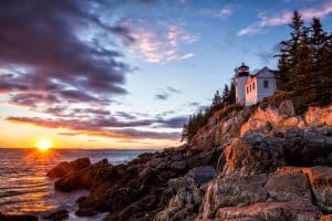 Bass Harbor Lighthouse at sunset Acadia National Park, Maine USA