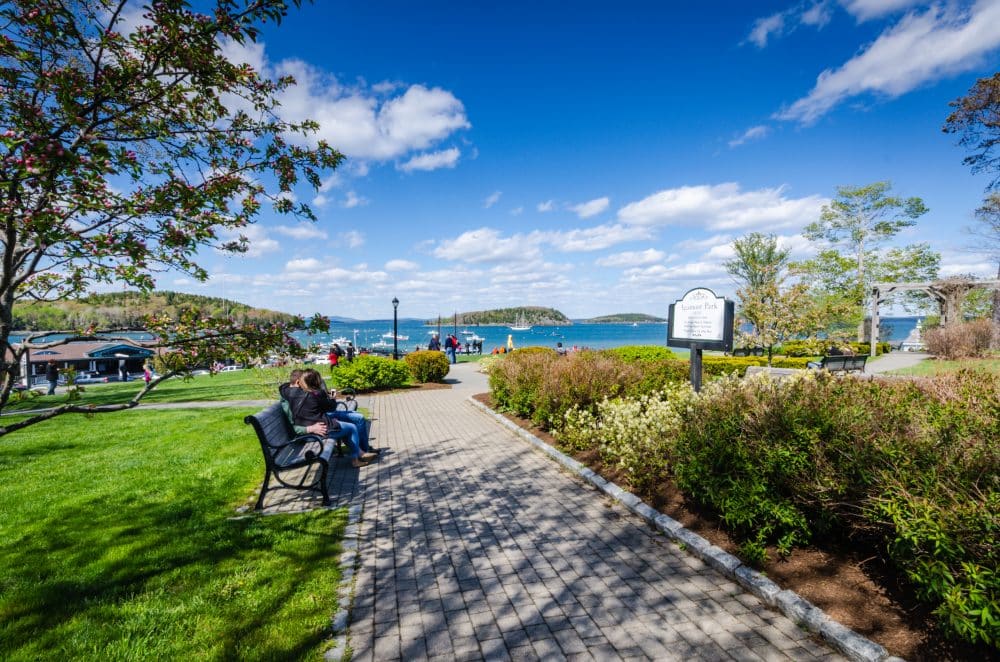 Agamont Park is a central meeting spot in Bar Harbor, Maine with a commanding waterfront view.