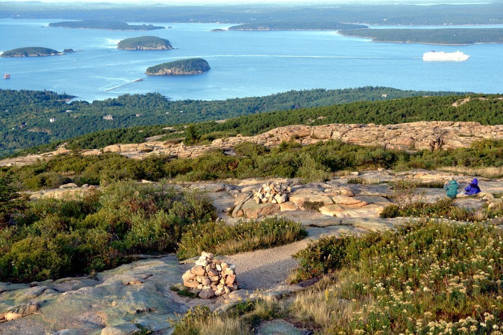 The scenic coast of Maine in New England aerial view from a coastal mountain at the top of Mount Cadillac in Acadia National Park