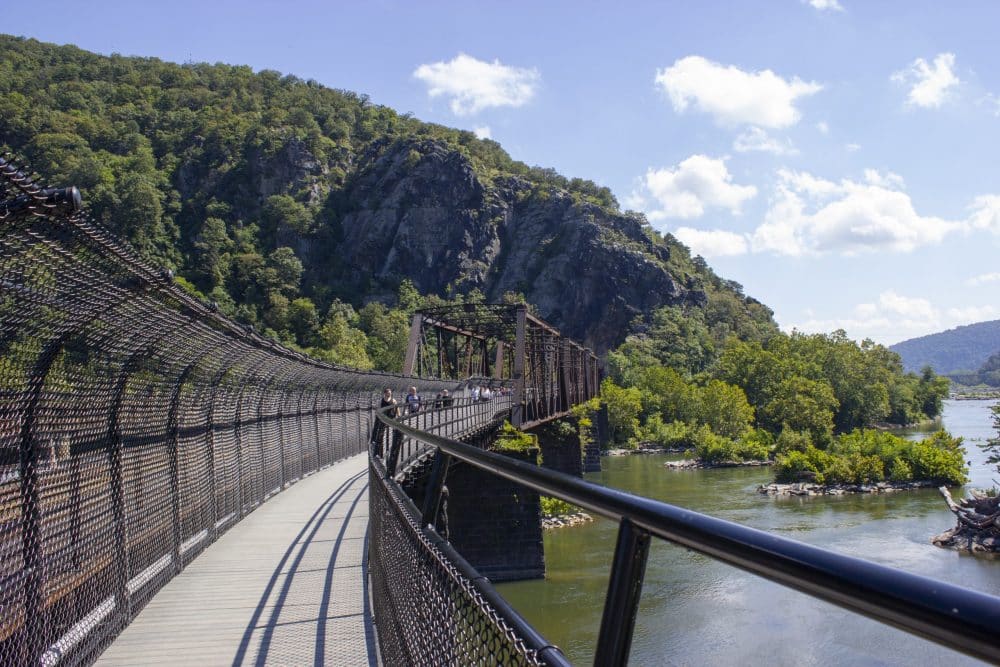 Pedestrian bridge over water with mountain in the background