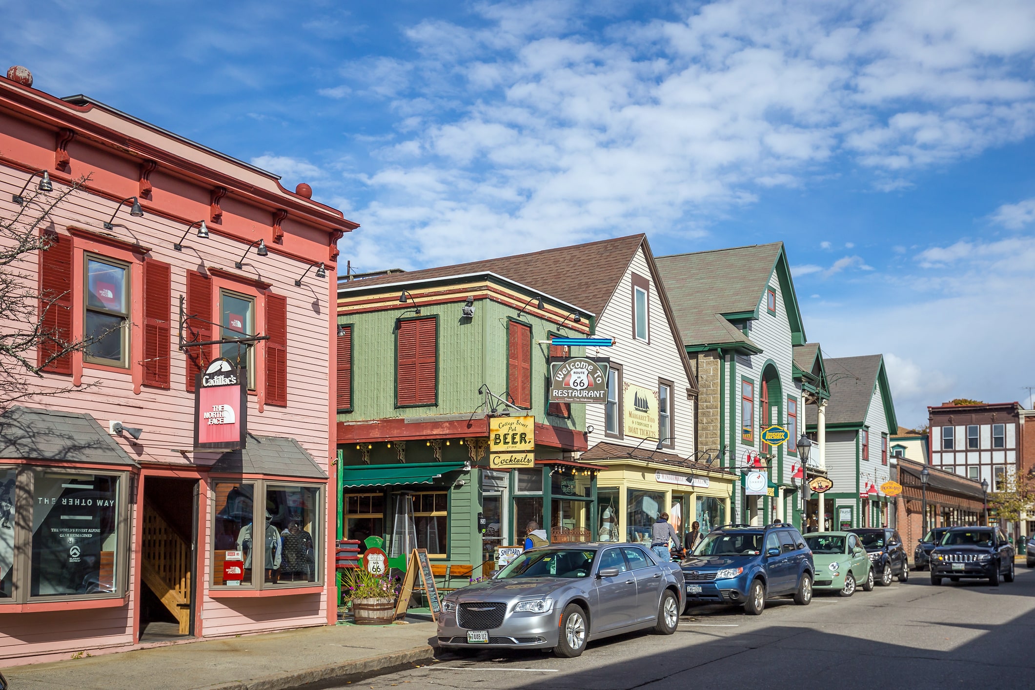 Bar Harbor architecture in downtown near Frenchman Bay in Maine, USA