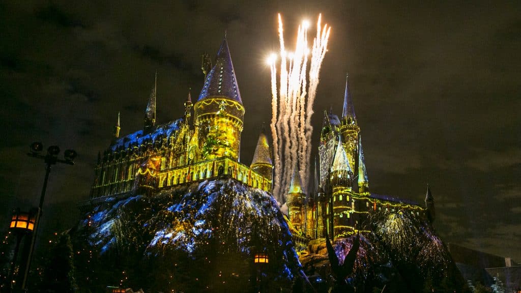 Hogwarts Castle with fireworks