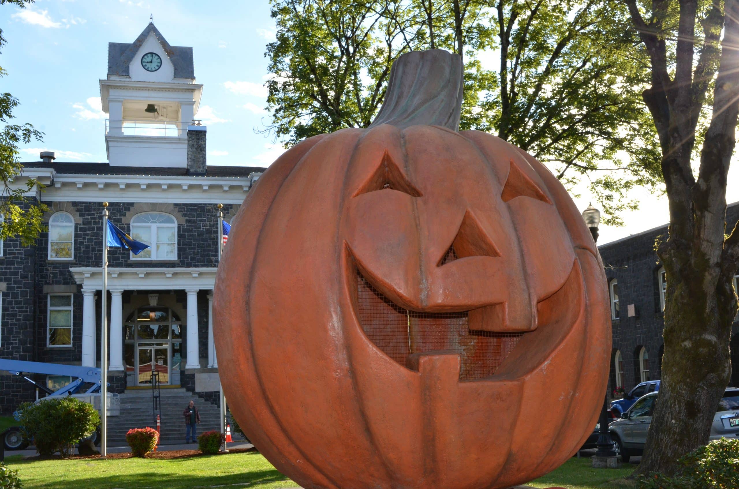 Giant pumpkin in city hall plaze at the Spirit of Halloweentown in St. Helens, Oregon