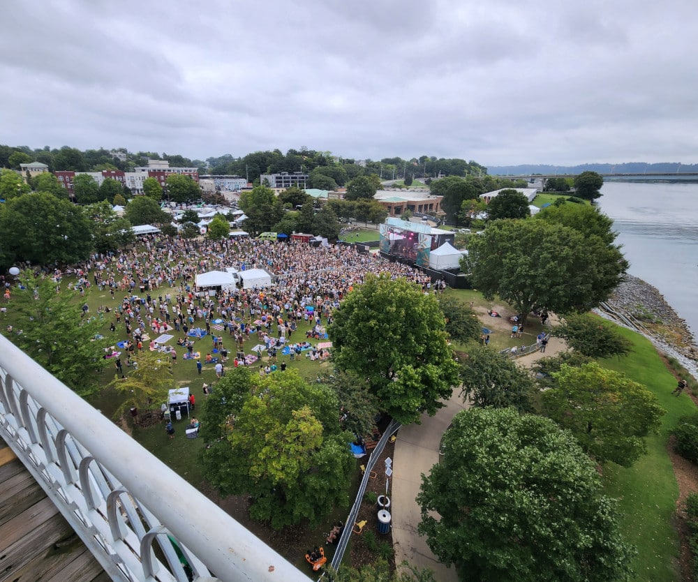 The view of Moon River Festival from the Walnut Street pedestrian bridge in Chattanooga, Tennessee.