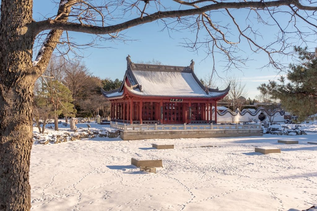 Friendship hall of the Montreal's Chinese garden located in the botanical garden. Montreal, Quebec, Canada.