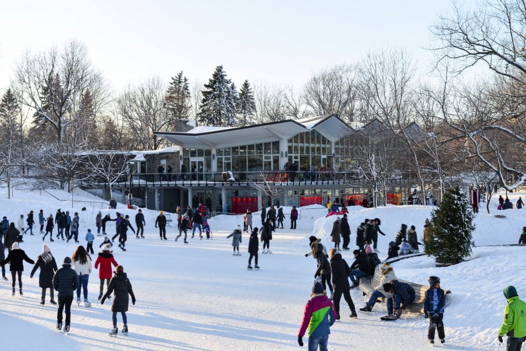 Montreal Quebec Canada march 1 2020: Skating at mount royal park on sunny day lots of people