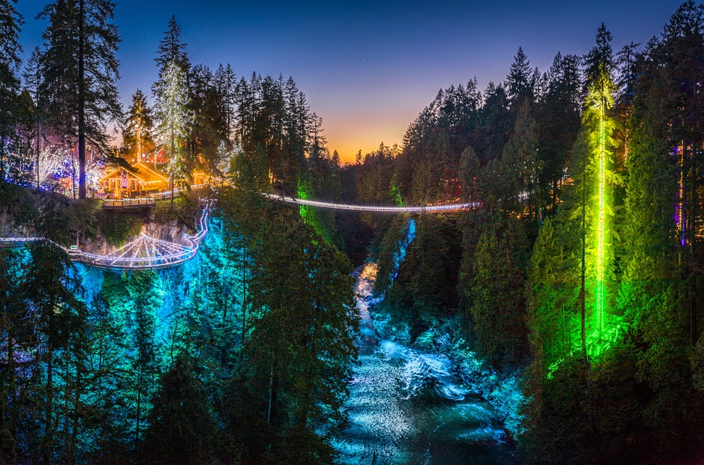 Canyon Lights at Capilano Suspension Bridge Park in Vancouver, BC. Holiday Lights Near Me.