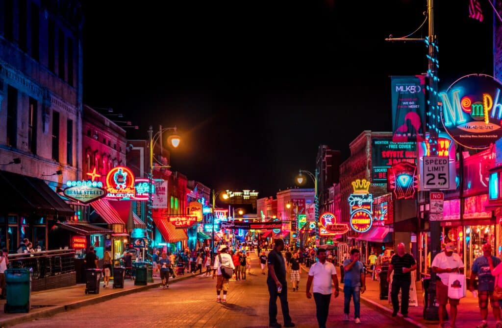 Beale Street at night with neon lights - Romantic Getaways in Tennessee