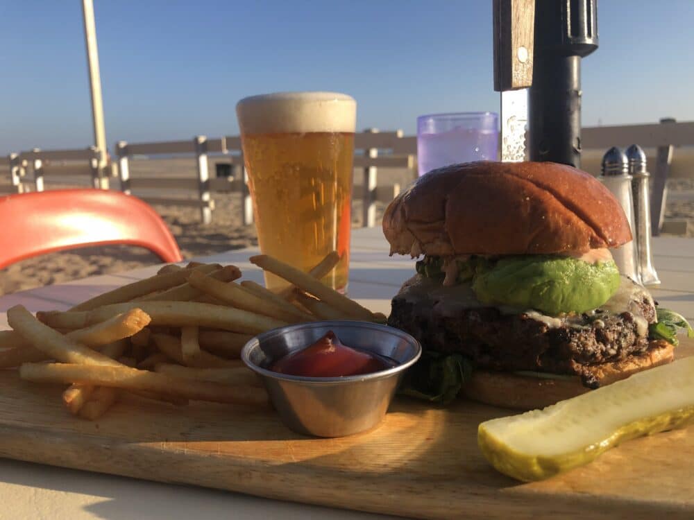 burger, beer and fries at Back on the Beach Cafe in Santa Monica - best LA Family restaurants