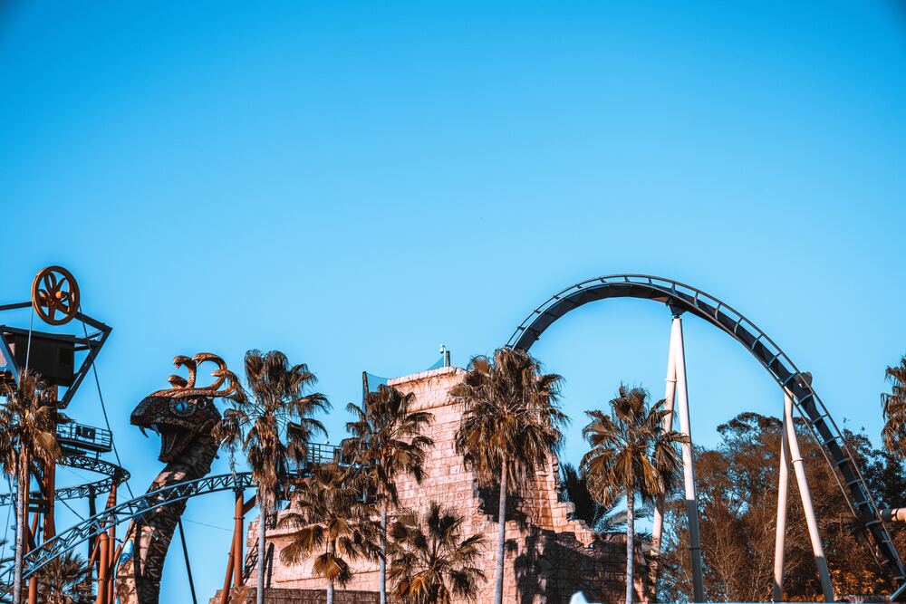 Busch Gardens roller coaster over blue sky - Florida family vacation, budget