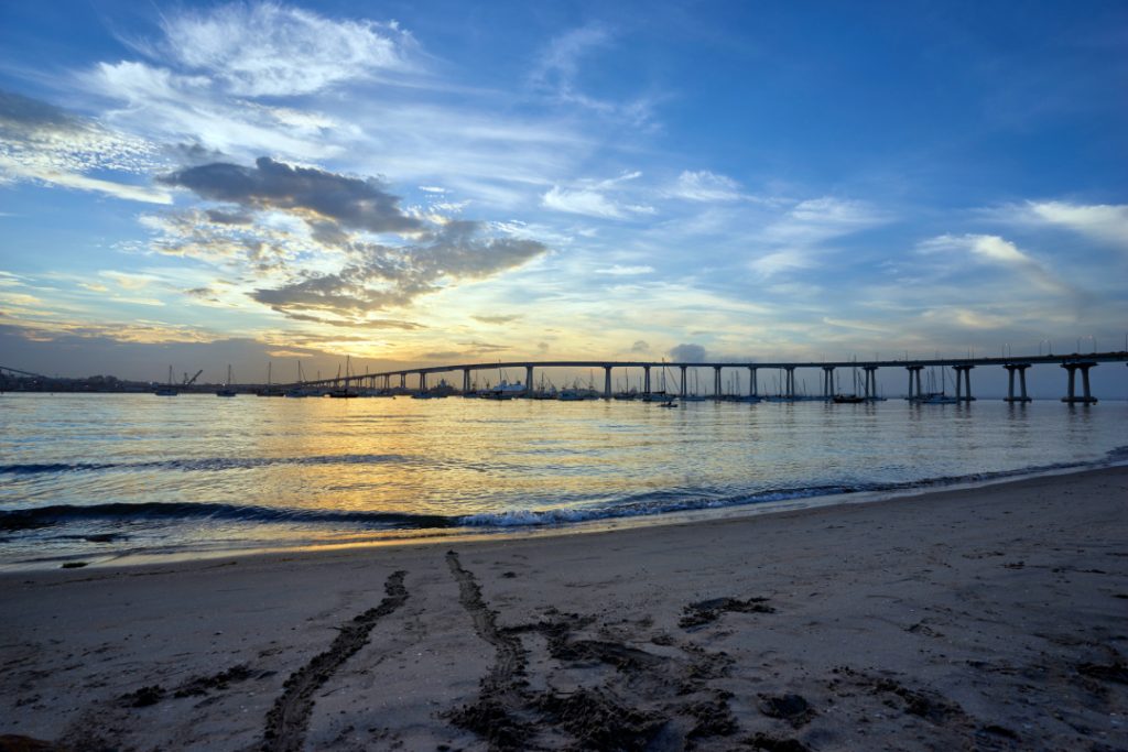 sunset over beach and pier - best California beaches for families