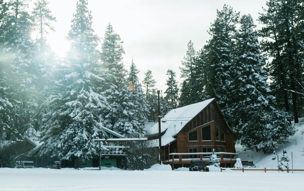 cabin in the woods and snow, big bear lake, places to stay