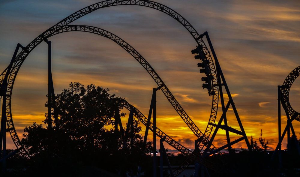 Hersheypark Halloween rollercoaster at sunset.