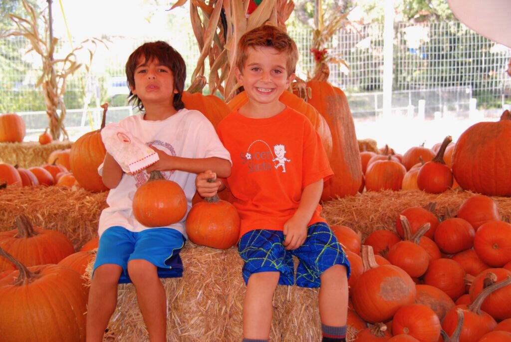 two boys on a hay bale surrounded by pumpkins