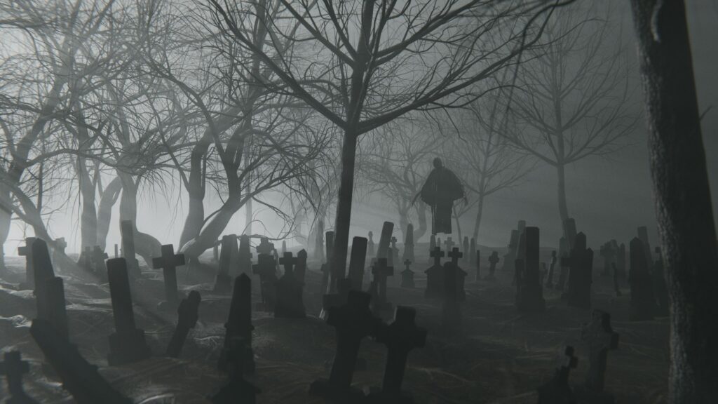 cemetery in foggy night